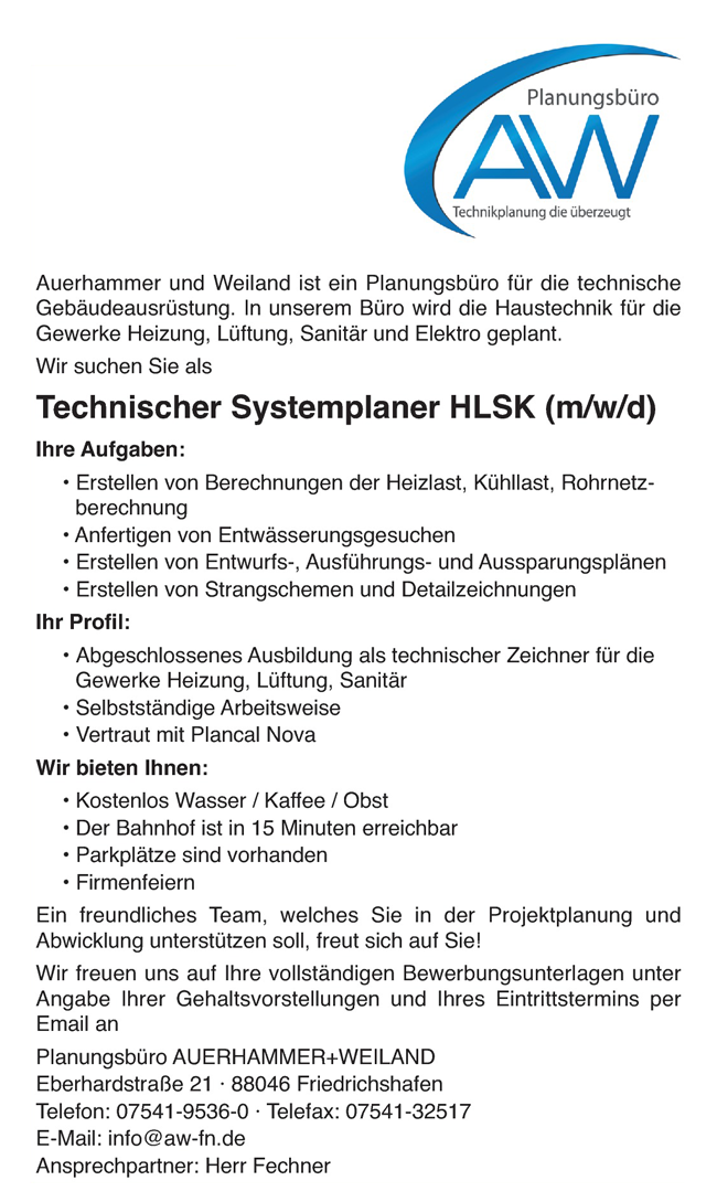 Planungsbüro Auerhammer & Weiland VDI Friedrichshafen Technische/r Systemplanerin / Systemplaner HLSK stellencompass.de