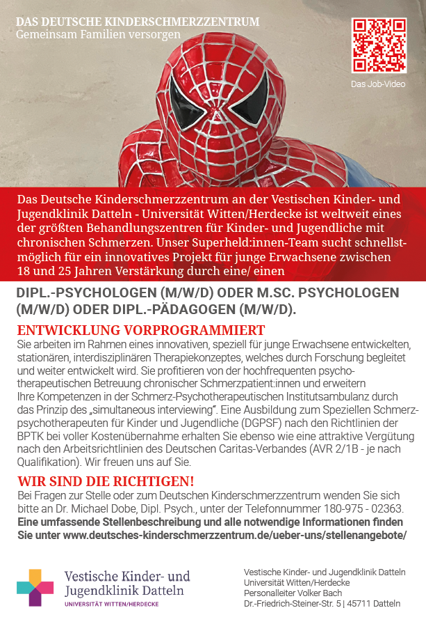 Dipl.-Psychologen (m/w/d), M.Sc. Psychologen für das Deutsche Kinderschmerzzentrum