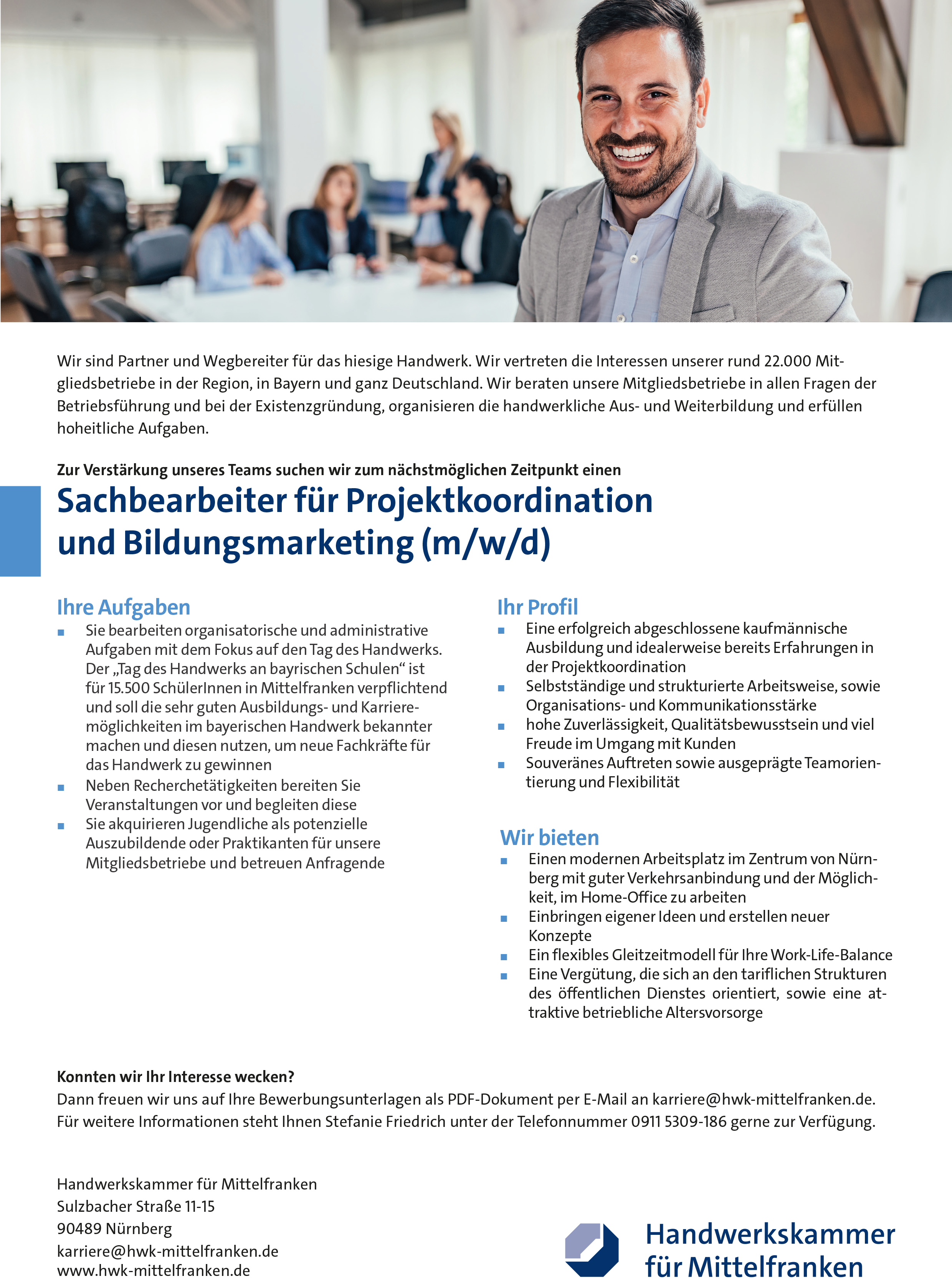 Sachbearbeiter/in für Projektkoordination und Bildungsmarketing HWK Nürnberg stellencomapss.de
