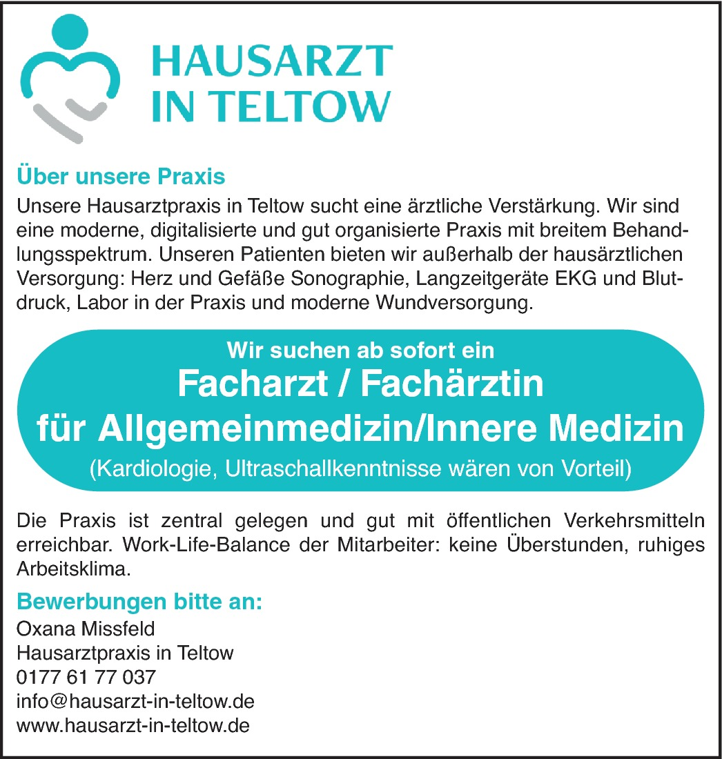 Hausarztpraxis in Teltow Facharzt / Fachärztin für Allgemeine Innere Medizin stellencompass.de