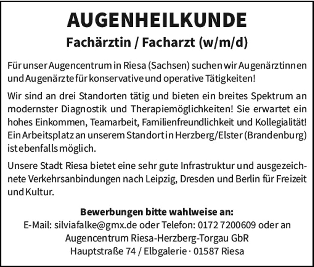 Augenzentrum Riesa Herzberg-Torgau GbR Fachärztin / Facharzt Augenheilkunde stellencompass.de