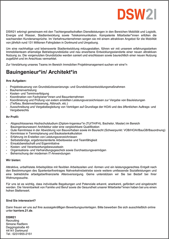 Bauingenieur Architekt für die Dortmunder Stadtwerke - stellencompass.de