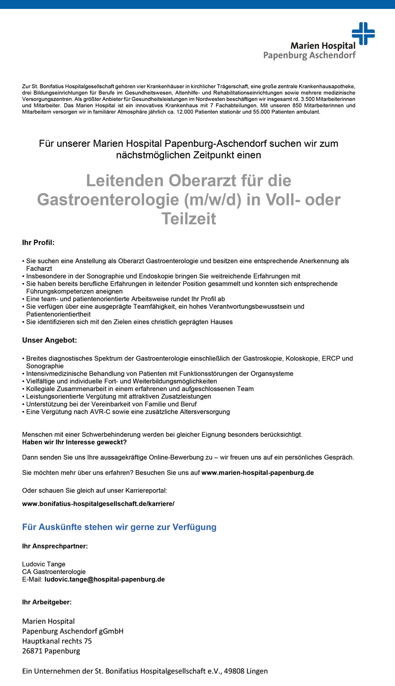 Marien Hospital Papenburg Aschendorf Leitende/r Oberärztin / Oberarzt Gastroenterologie Aschendorf stellencompass.de