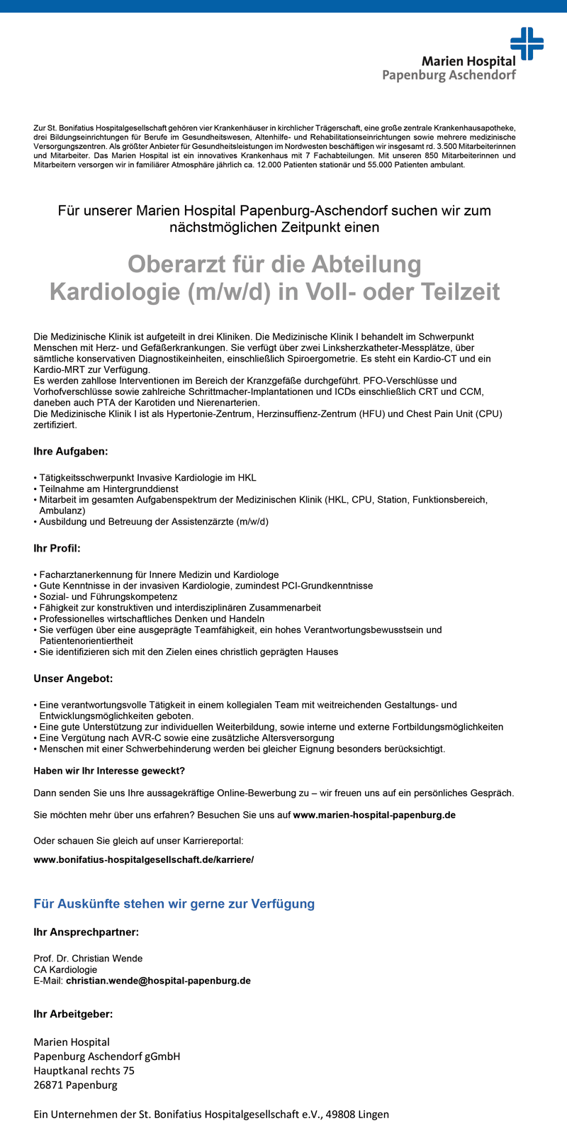 Marien Hospital Aschendorf Papenburg Oberarzt / Oberärztin stellencompass.de