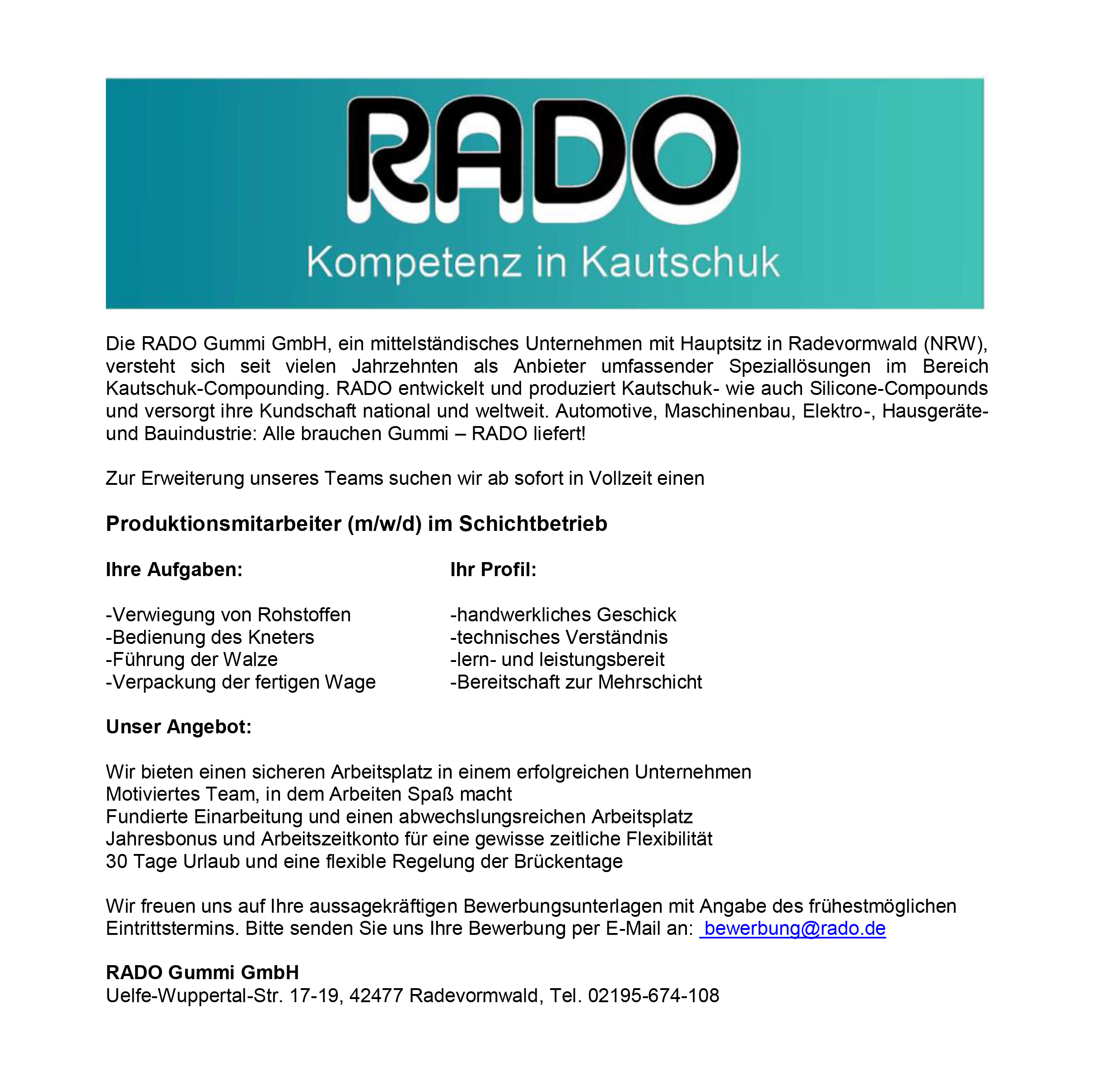 Rado Gummi GmbH Radevormwald Produktionsmitarbeiter/in (m/w/d) stellencompass.de