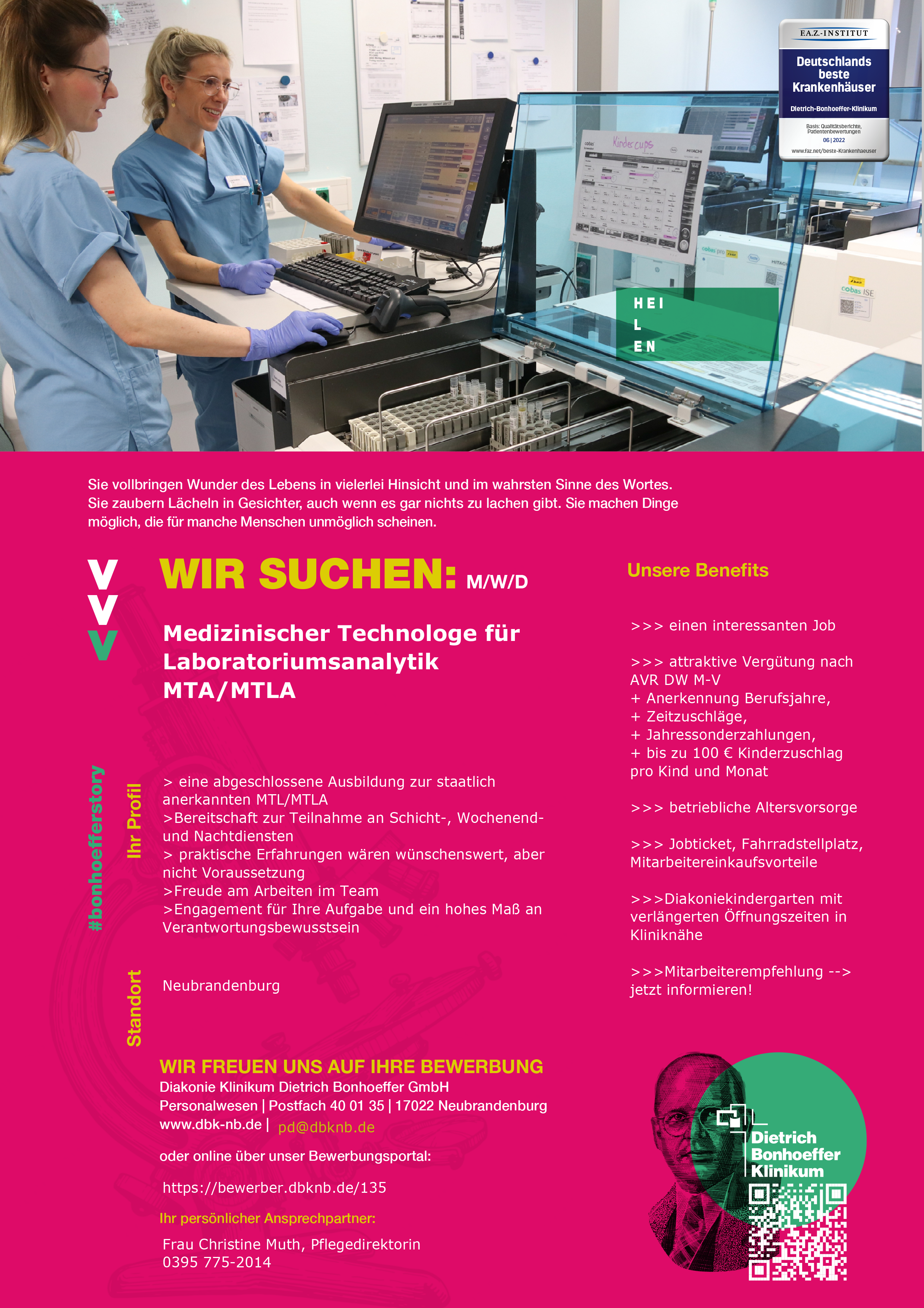 Dietrich-Bonhoeffer-Klinikum Neubrandenburg Medizinische/r Technologin/Technologe (m/w/d) für Laboratoriums Analytik MTA/MTLA stellencompass.de
