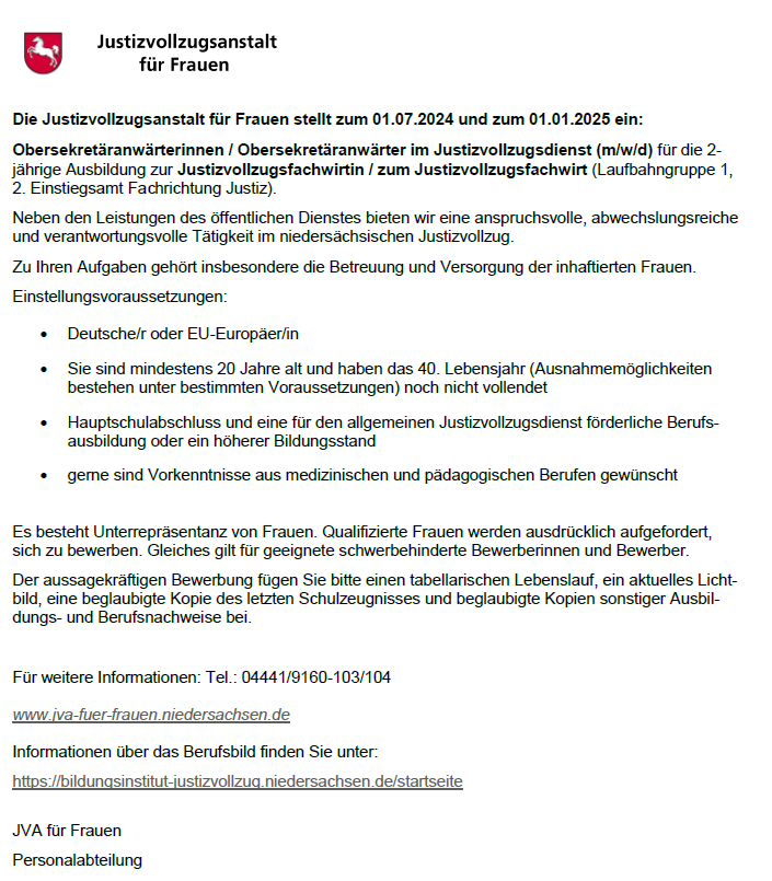 JVA für Frauen FBL Personal und Organisation Niedersachsen