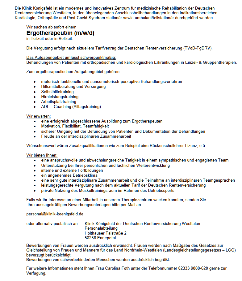 Klinik Königsfeld Ergotherapeut / Ergotherapeutin Ennepetal stellencompass.de