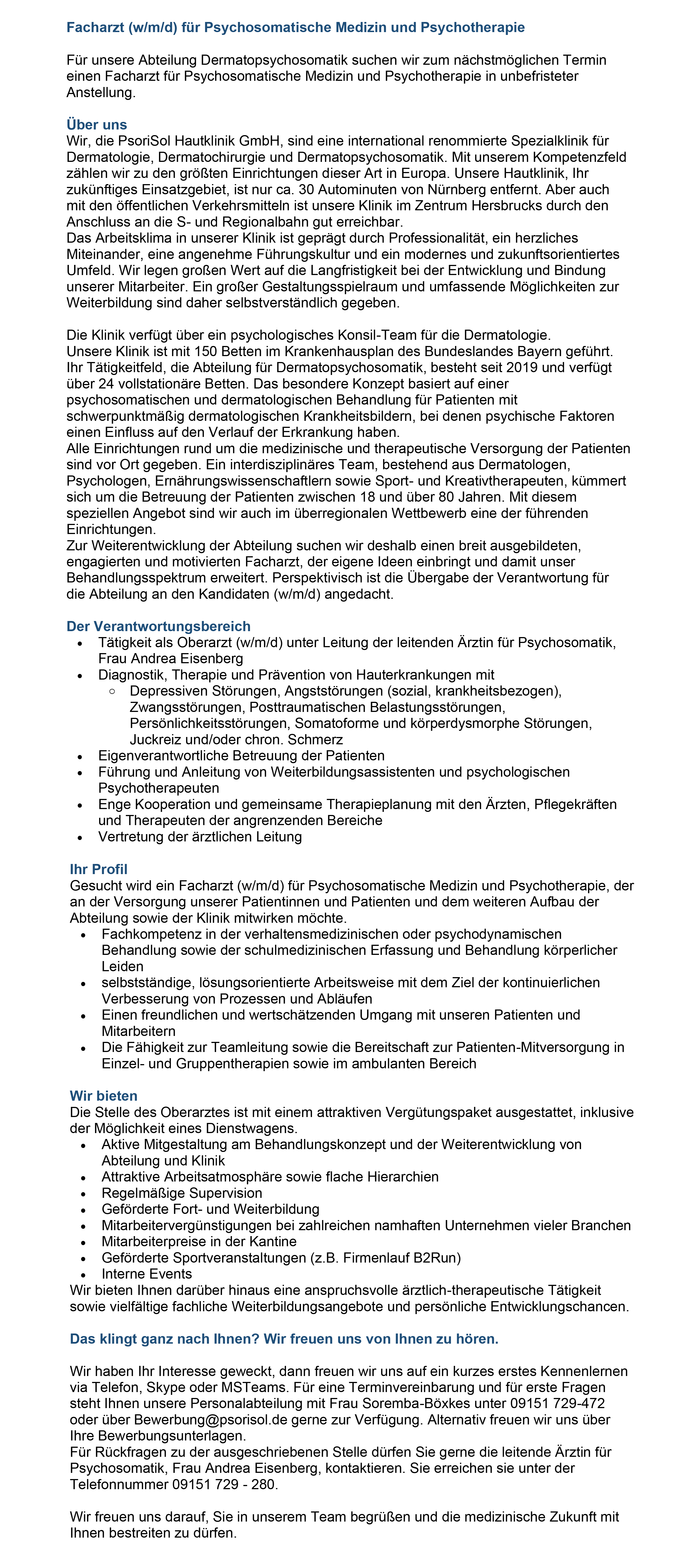 PsoriSol Hautklinik GmbH Facharzt/Fachärztin für Psychosomatische Medizin und Psychotherapie Hersbruck stellencompass.de