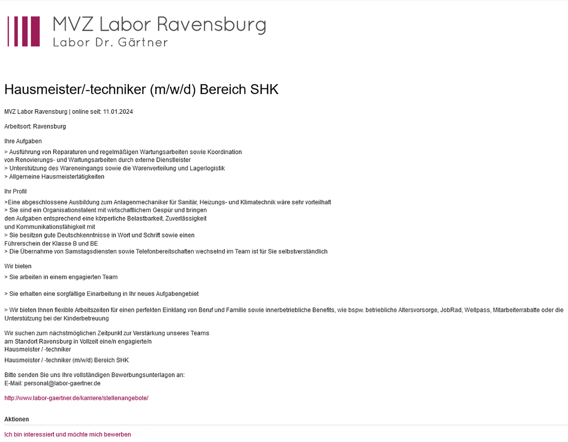 MVZ Labor Ravensburg Labor Dr. Gärtner Hausmeister/in / Techniker/in Bereich SHK Ravensburg stellencompass.de