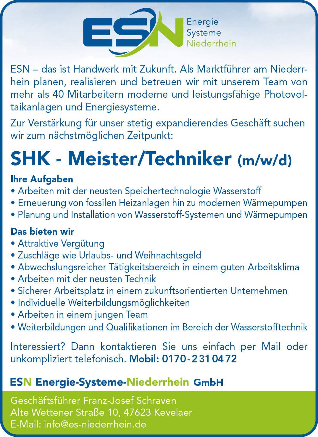 ESN Energie Systems Niederrhein GmbH Stellenausschreibung SHK Meister/in / Techniker/in oder Gesellen in Kevelaer stellencompass.de