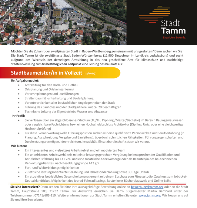 Stadtverwaltung Tamm Stadtbaumeister / Stadtbaumeisterin Tamm stellencompass.de