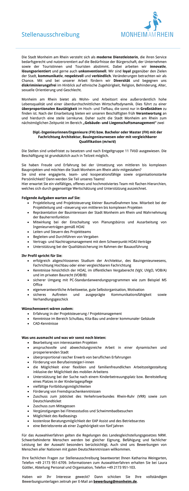  ijeab Stadt Monheim Dipl.-Ingenieurinnen/Ingenieure (m/w/d) FH /Bachelor FH/Fachrichtung Architektur stellencompass.de
