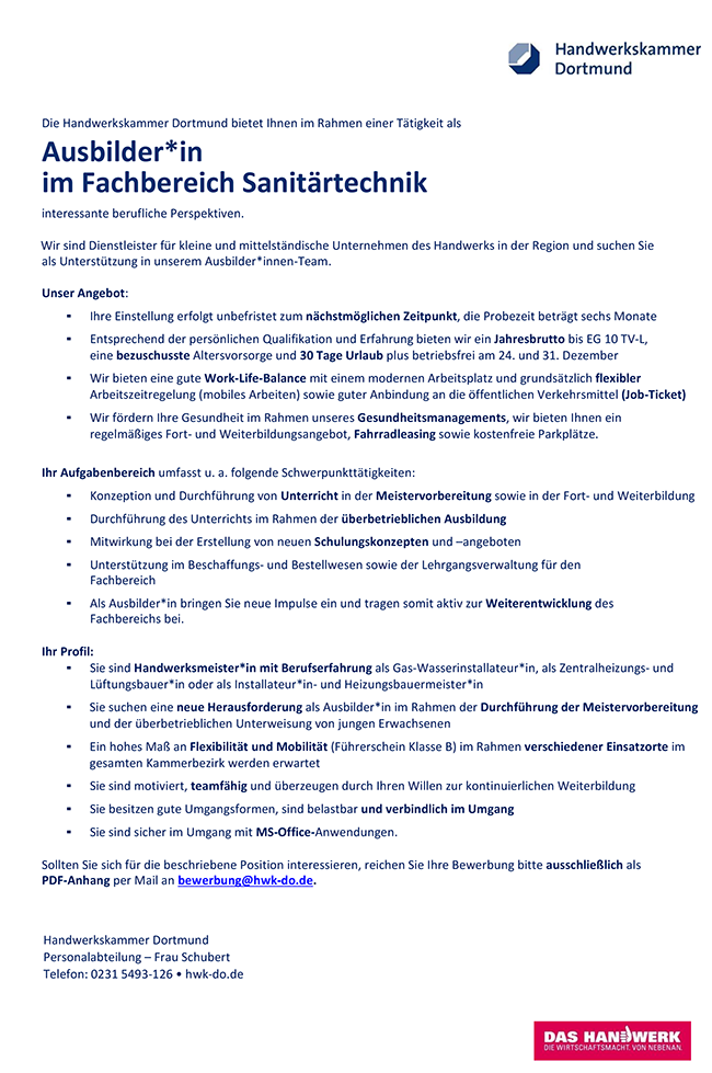 Handwerkskammer Dortmund Ausbilder/in im im Fachbereich Sanitärtechnik stellencompass.de