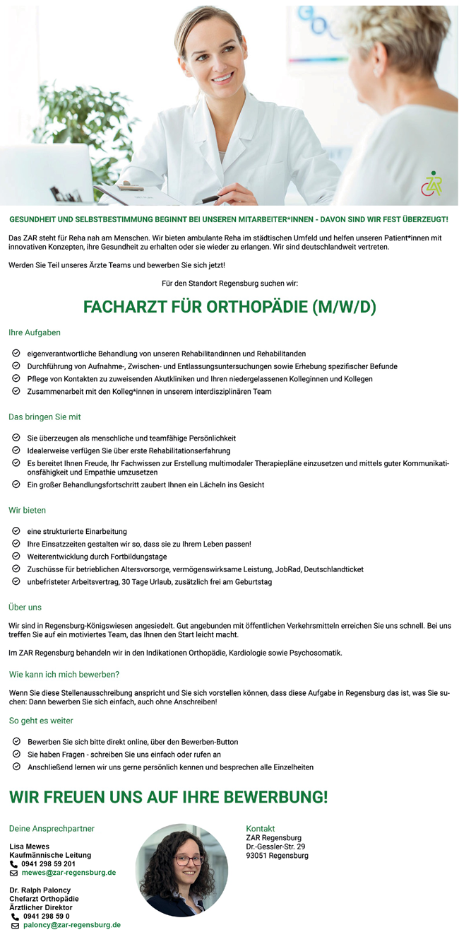 ZAR Bayern GmbH Facharzt / Fachärztin für Orthopädie Regensburg stellencomapss.de