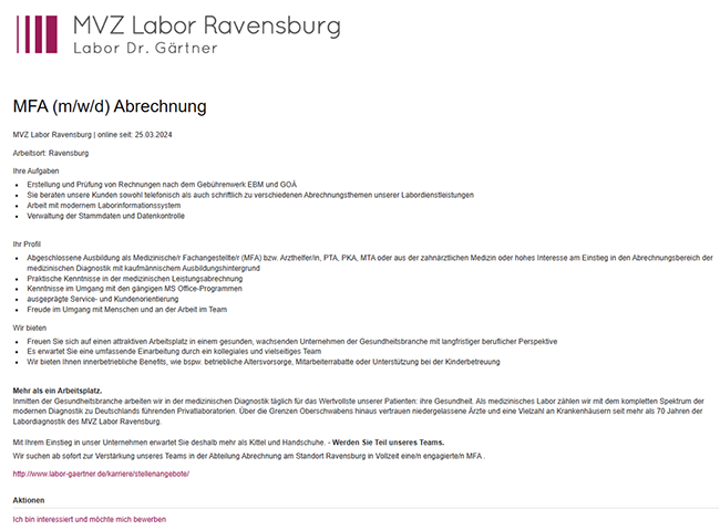 MVZ Labor Ravensburg Dr. Gärtner MFA Abrechnung Stellenanzeige