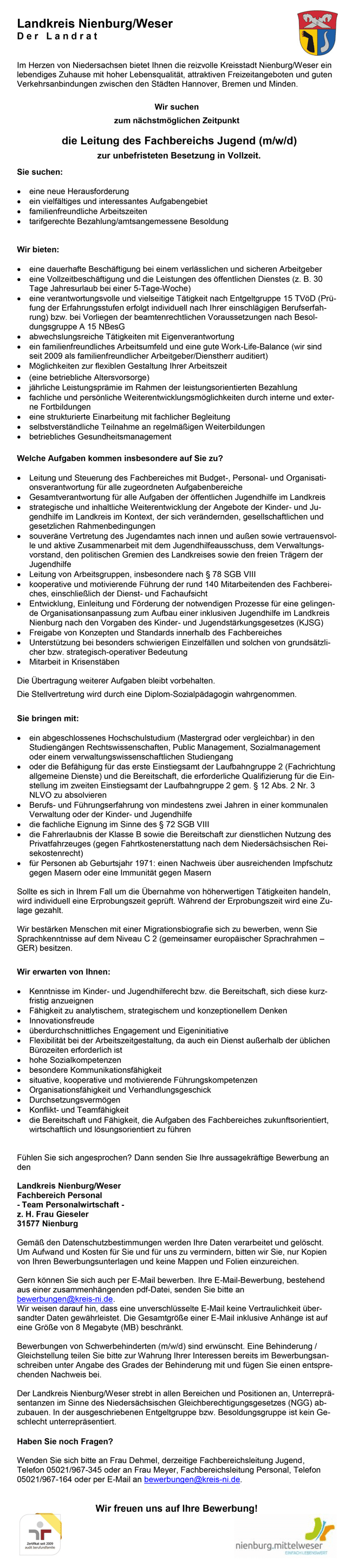 Landkreis Nienburg/Weser Leitung des Fachbereichs Jugend stellecompass.de