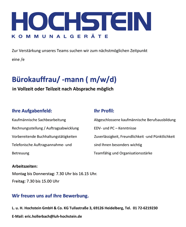 L u. H. Hochstein GmbH & Co. KG Heidelberg Stellenanzeige
