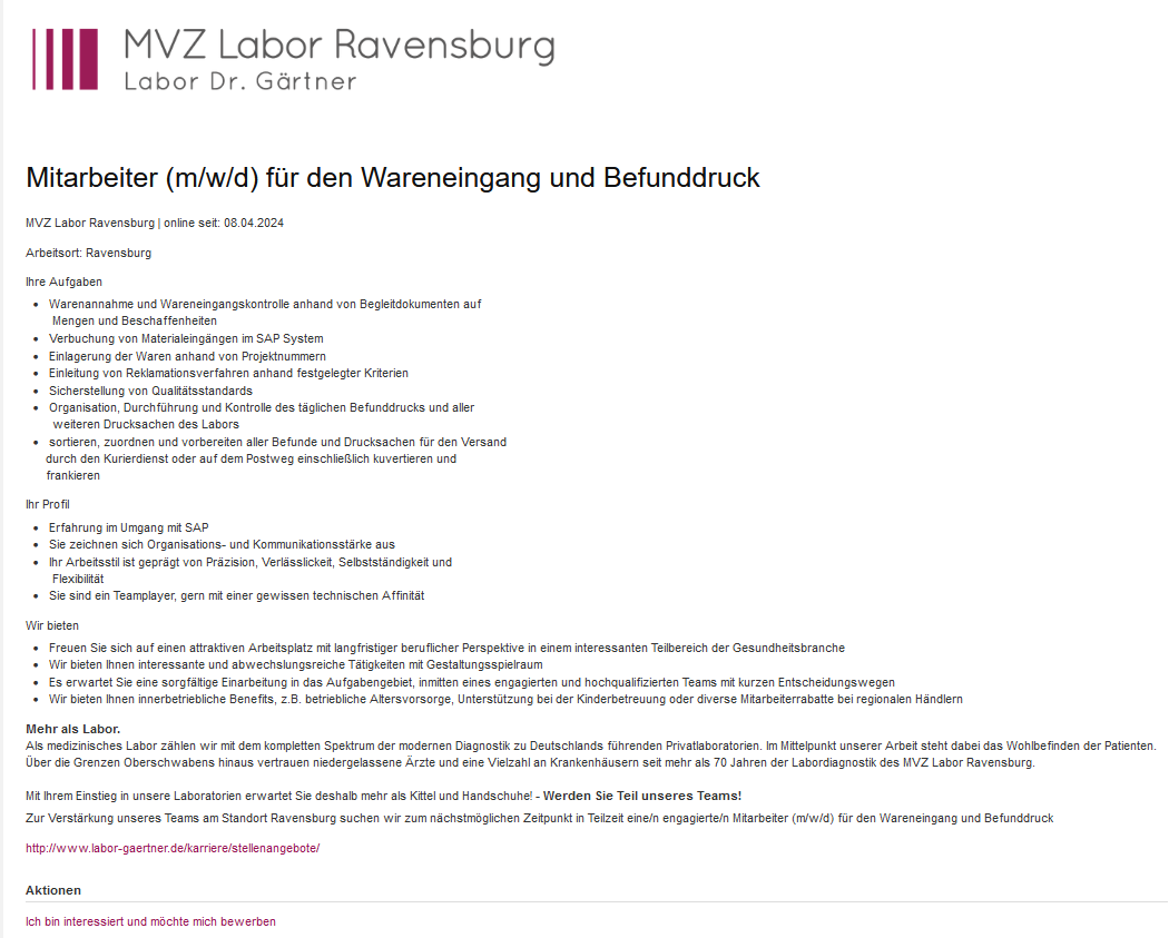 Labor Dr. Gärtner Mitarbeiter für den Wareneingang und Befunddruck Ravensburg
