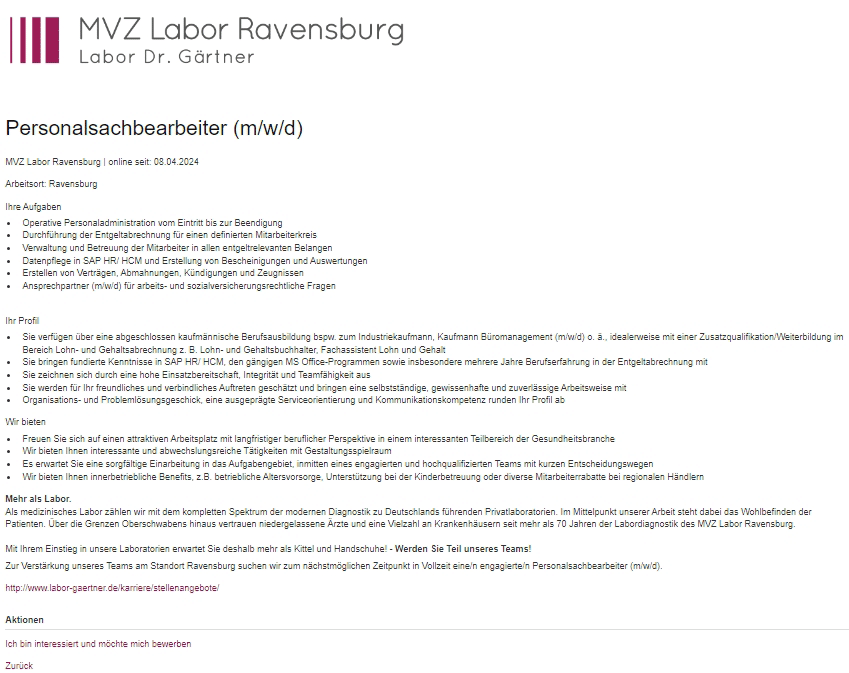 MVZ Labor Dr. Gärtner Personalsachbearbeiter/in Ravensburg stellencompass.de