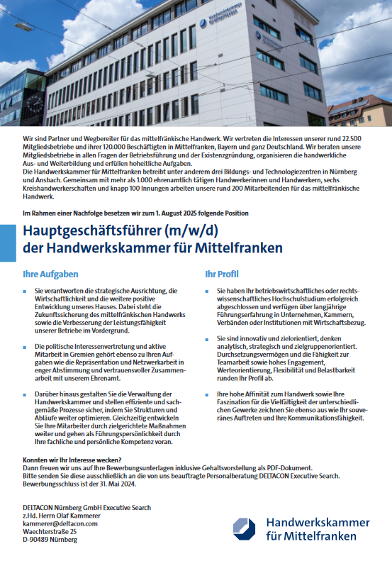 Stelleanzeige HWK für Mittelfranken Nürnberg