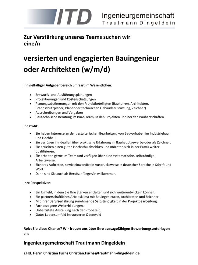 ITD Stellenanzeige Bauingenieur/in oder Architekt/in Reichelsheim stellecompass.de