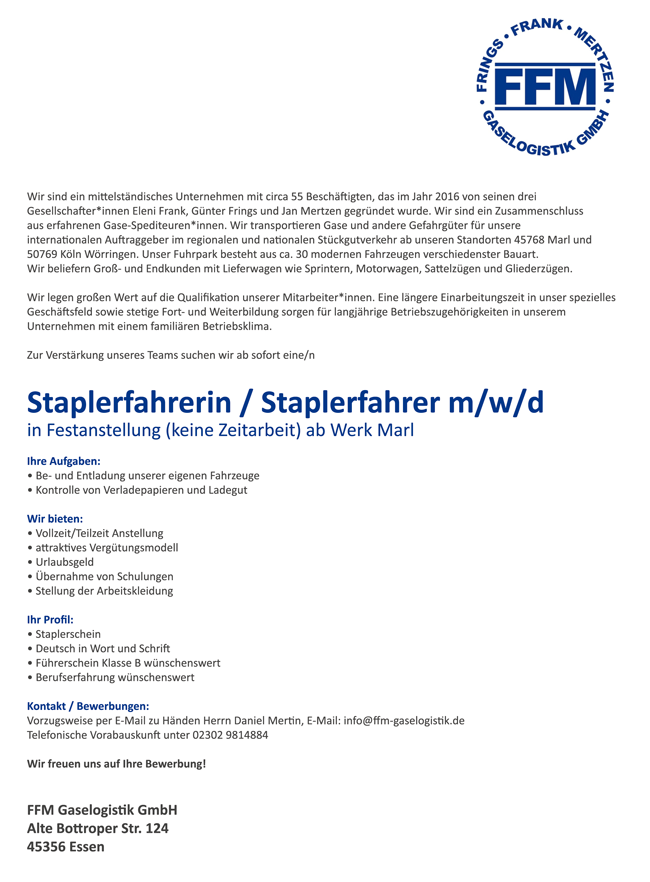 FFM Gaselogistik GmbH Essen Stellenausschreibung stellencompass.de