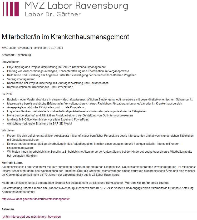 MVZ Labor Ravensburg Mitarbeiter/in im Krankenhausmanagement stellencompass.de