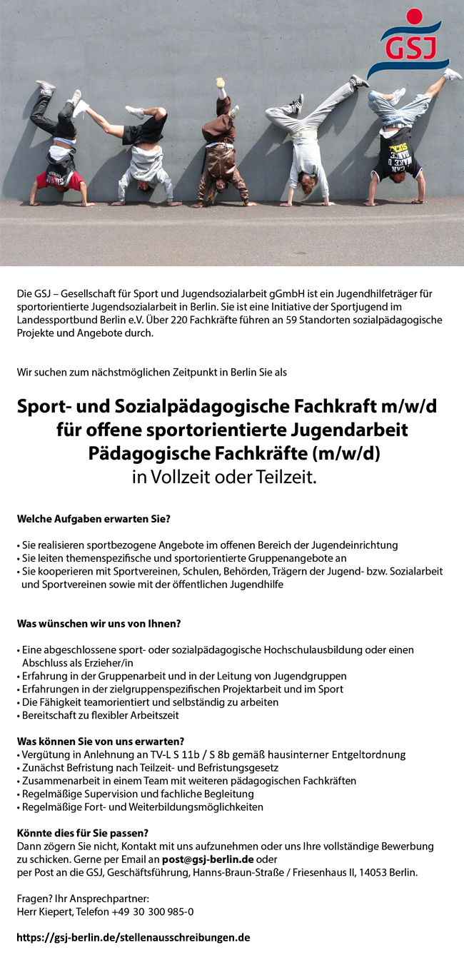 Die GSJ gGmbH sucht mehrere Sozialpädagoge, Sozialarbeiter, Sozialassistent, Sportpädagoge, Jugendpädagoge, Erzieher, Bachelor Soziale Arbeit, m/w/d | Stellenangebote & Jobs auf stellencompass.de