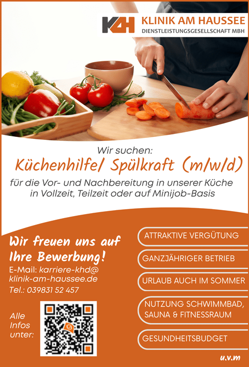 Die Klinik am Haussee Dienstleistungsgesellschaft sucht in Feldberg (MV) eine/n Küchenhilfe / Spülkraft (m/w/d) unbefristet, in Vollzeit, Teilzeit oder Minijob | Stellenangebote & Jobs auf stellencompass.de