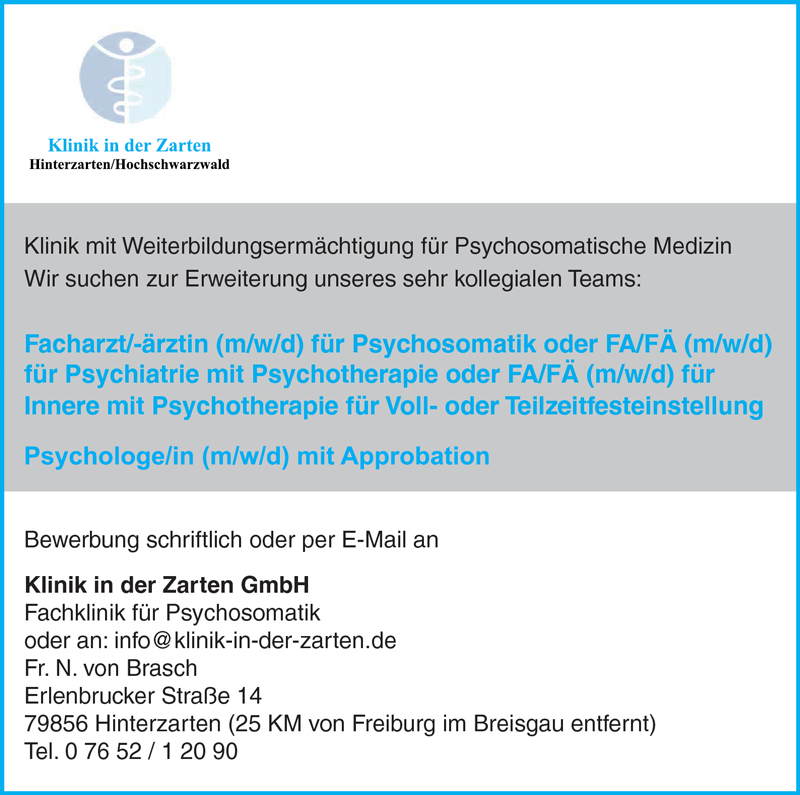 Die Klinik in der Zarten GmbH sucht zum nächstmöglichen Zeitpunkt in Hinterzarten (Schwarzwald) einen Facharzt oder eine Fachärztin (m/w/d) für Innere Medizin mit Psychosomatik in Voll- oder Teilzeit | Stellenangebote & Jobs auf stellencompass.de Die Klinik in der Zarten GmbH sucht zum nächstmöglichen Zeitpunkt in Hinterzarten (Schwarzwald) einen Facharzt oder eine Fachärztin (m/w/d) für Innere Medizin mit Psychosomatik in Voll- oder Teilzeit | Stellenangebote & Jobs auf stellencompass.de