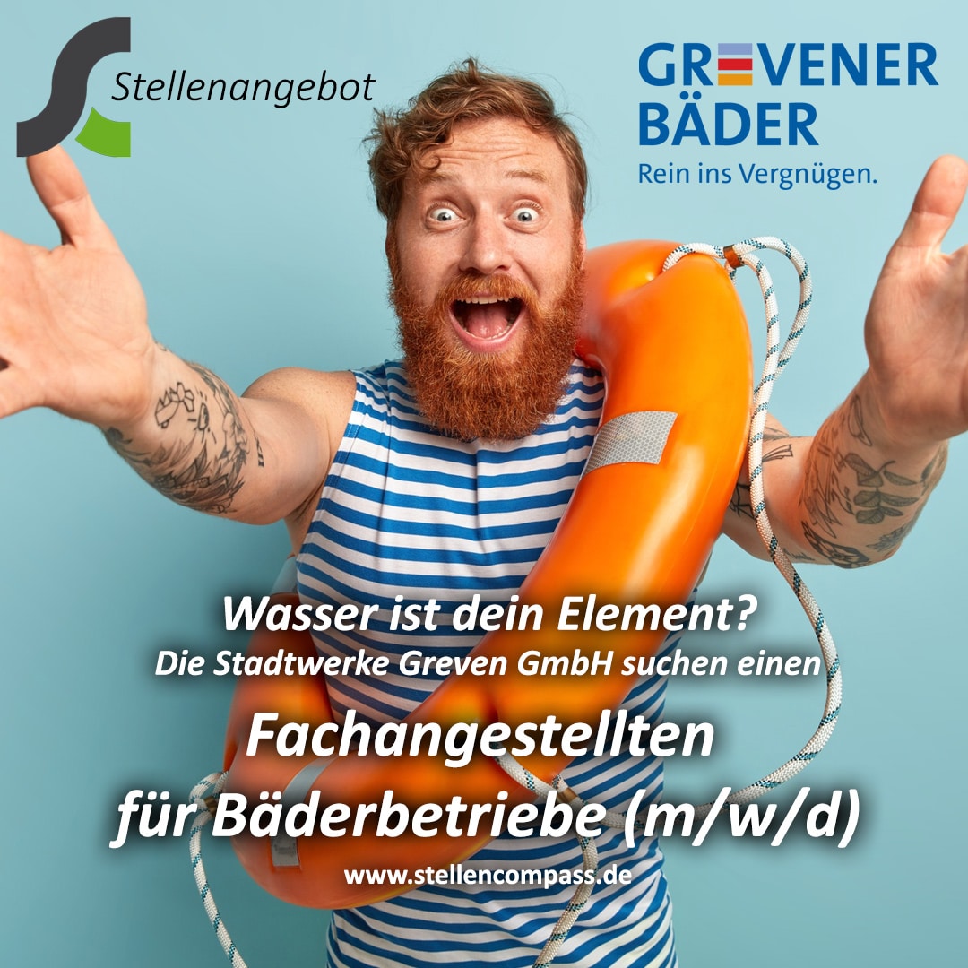 Die Stadtwerke Greven GmbH suchen: Fachangestellter für Bäderbetriebe (m/w/d) unbefristet und in Vollzeit. Die Stadtwerke Greven GmbH suchen: Fachangestellter für Bäderbetriebe (m/w/d) unbefristet und in Vollzeit.