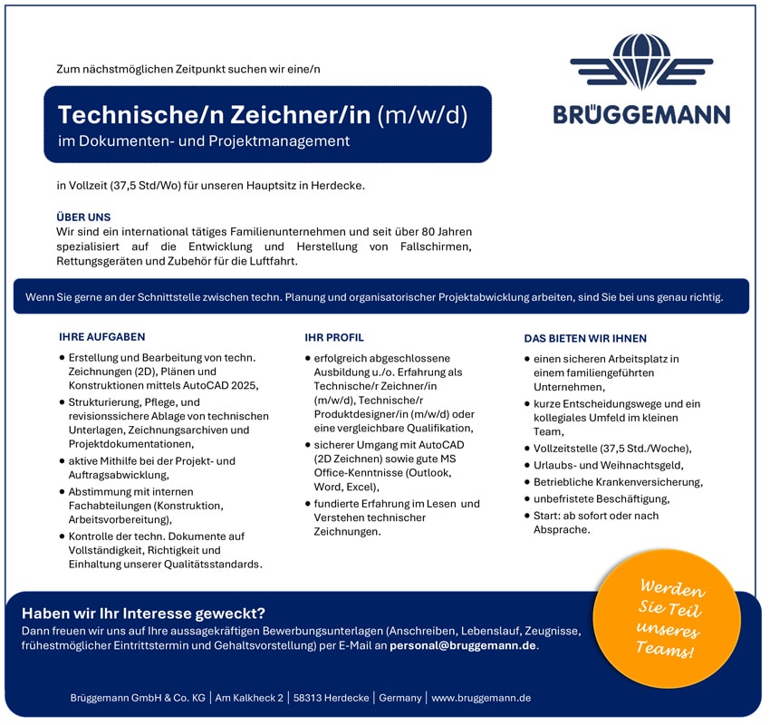 Die Brüggemann GmbH & Co. KG in Herdecke sucht: Technischer Zeichner oder Technischer Produktdesigner (m/w/d) unbefristet und in Vollzeit | Stellenangebote & Jobs auf stellencompass.de Die Brüggemann GmbH & Co. KG in Herdecke sucht: Technischer Zeichner oder Technischer Produktdesigner (m/w/d) unbefristet und in Vollzeit | Stellenangebote & Jobs auf stellencompass.de