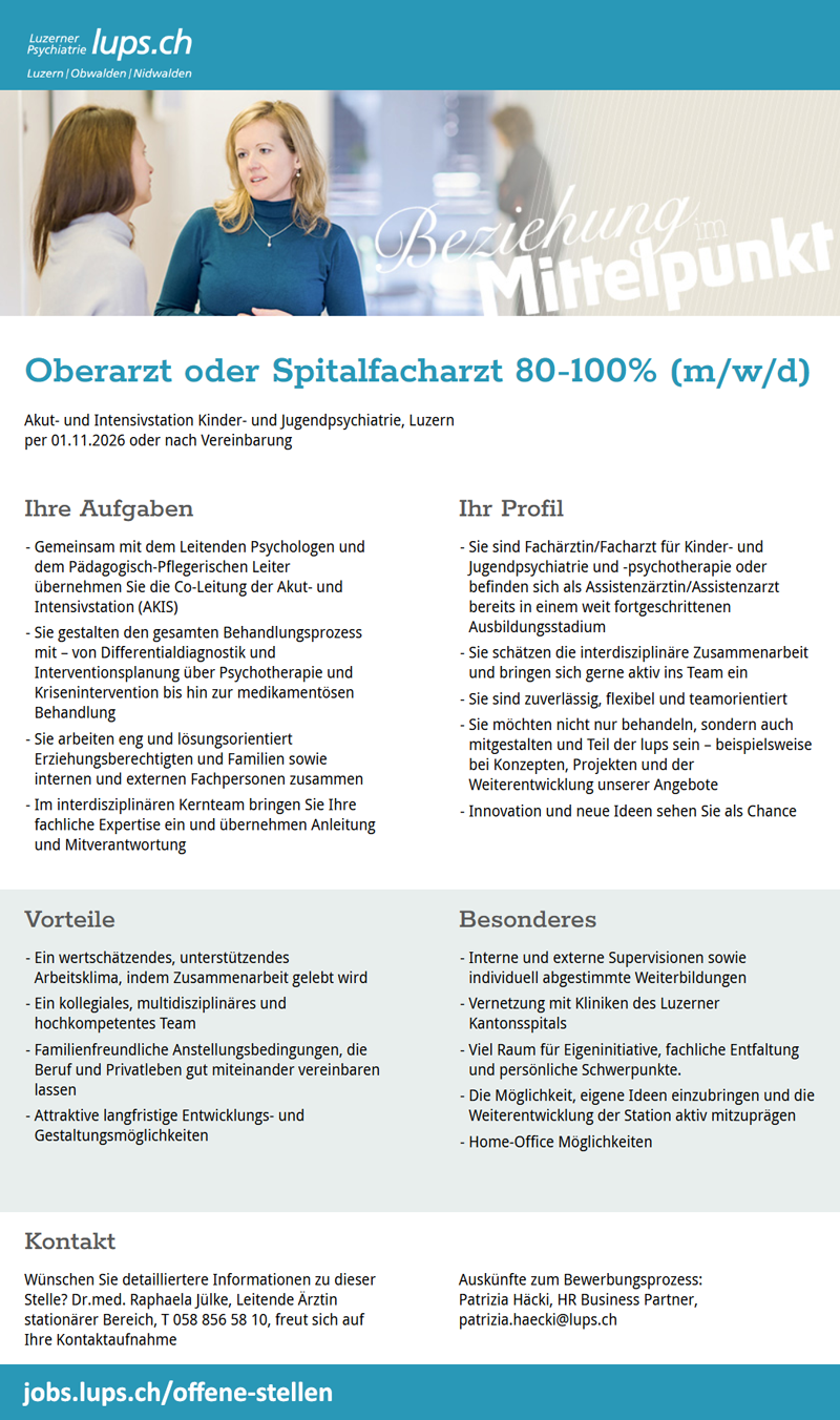 Die Luzerner Psychiatrie AG sucht als Oberarzt/Spitalfacharzt (m/w/d) einen Facharzt für Kinder- und Jugendpsychiatrie und -psychotherapie oder Assistenzarzt in Weiterbildung, unbefristet in VZ/TZ | Stellenangebote & Jobs auf stellencompass.de Die Luzerner Psychiatrie AG sucht als Oberarzt/Spitalfacharzt (m/w/d) einen Facharzt für Kinder- und Jugendpsychiatrie und -psychotherapie oder Assistenzarzt in Weiterbildung, unbefristet in VZ/TZ | Stellenangebote & Jobs auf stellencompass.de