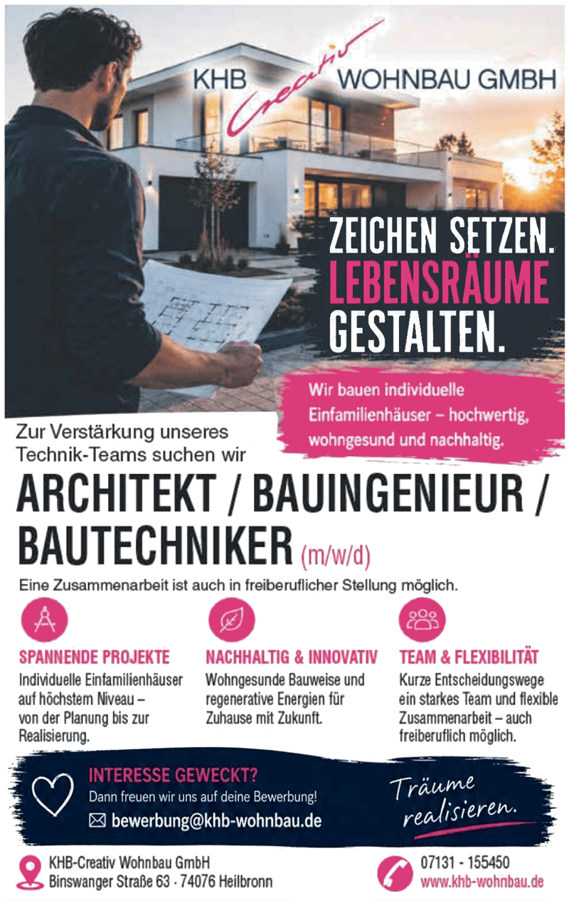 Die KHB-Creativ Wohnbau GmbH in Heilbronn sucht einen Architekt oder Bauingenieur / Bautechniker (m/w/d), in Festanstellung oder auf freiberuflicher Basis | Stellenangebote & Jobs auf stellencompass.de Die KHB-Creativ Wohnbau GmbH in Heilbronn sucht einen Architekt oder Bauingenieur / Bautechniker (m/w/d), in Festanstellung oder auf freiberuflicher Basis | Stellenangebote & Jobs auf stellencompass.de