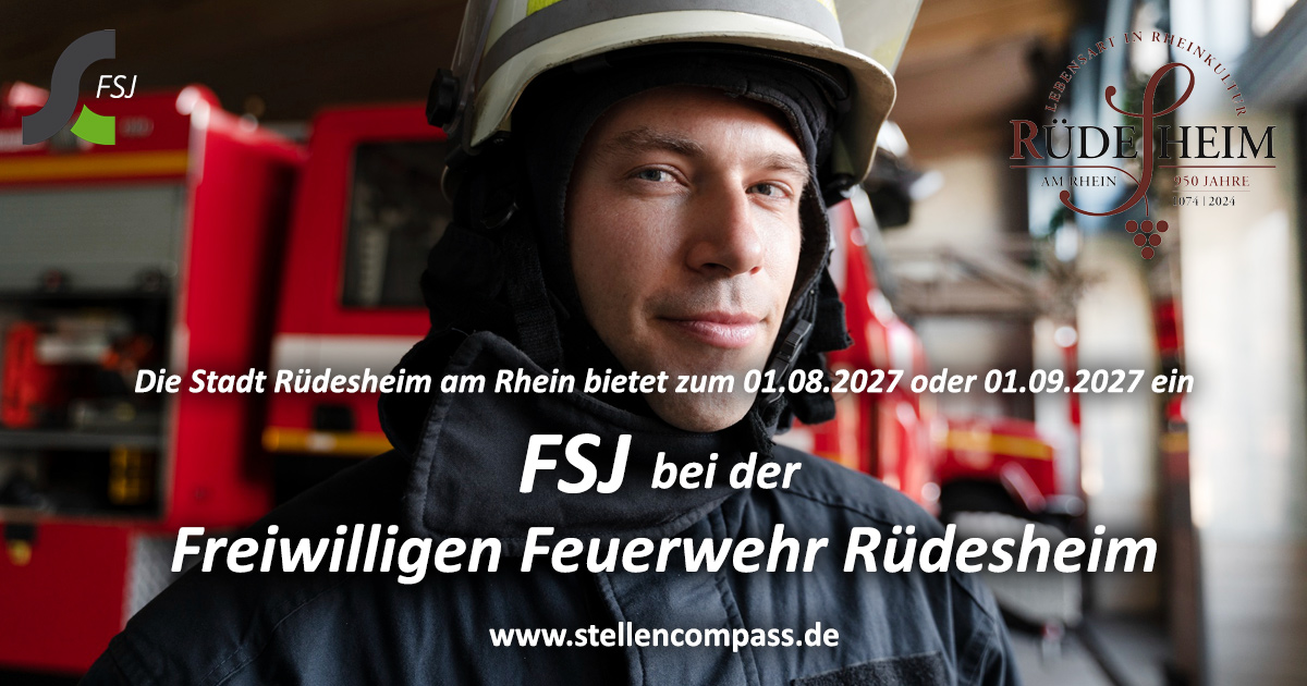 Die Stadt Rüdesheim am Rhein bietet zum 01.08.2027 / 01.09.2027 ein FSJ, Freiwilliges Soziales Jahr bei der Freiwilligen Feuerwehr Rüdesheim | Stellenangebote & Jobs auf stellencompass.de Die Stadt Rüdesheim am Rhein bietet zum 01.08.2027 / 01.09.2027 ein FSJ, Freiwilliges Soziales Jahr bei der Freiwilligen Feuerwehr Rüdesheim | Stellenangebote & Jobs auf stellencompass.de