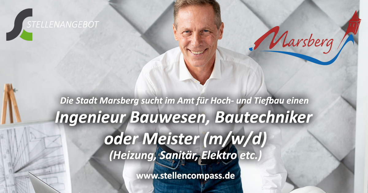 Bauwesen Jobs Marsberg: Bei der Stadt Marsberg ist im Amt für Hoch- und Tiefbau eine unbefristete Vollzeitstelle als Ingenieur, Bautechniker oder Meister (m/w/d) im städtischen Gebäudemanagement neu zu besetzen | stellencompass.de