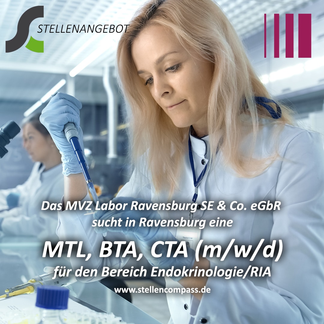 Das MVZ Labor Ravensburg SE & Co. eGbR sucht in Ravensburg eine MTL, BTA, CTA (m/w/d) für den Bereich Endokrinologie/RIA, in Vollzeit | Stellenangebote & Jobs auf stellencompass.de Das MVZ Labor Ravensburg SE & Co. eGbR sucht in Ravensburg eine MTL, BTA, CTA (m/w/d) für den Bereich Endokrinologie/RIA, in Vollzeit | Stellenangebote & Jobs auf stellencompass.de
