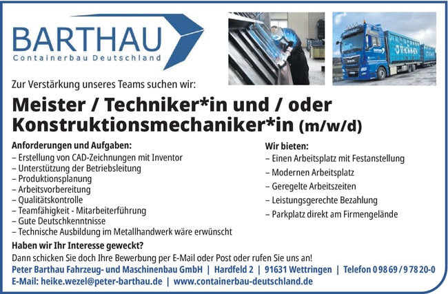 Die Peter Barthau Fahrzeug- und Maschinenbau GmbH in Wettringen sucht einen Meister / Techniker und / oder Konstruktionsmechaniker (m/w(d), unbefristet und in Vollzeit | Stellenangebote & Jobs auf stellencompass.de Die Peter Barthau Fahrzeug- und Maschinenbau GmbH in Wettringen sucht einen Meister / Techniker und / oder Konstruktionsmechaniker (m/w(d), unbefristet und in Vollzeit | Stellenangebote & Jobs auf stellencompass.de